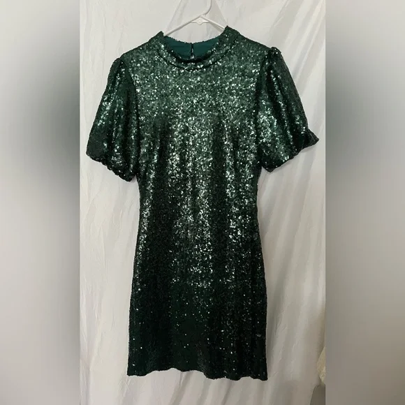 Dresses | Sequin Puff Sleeve Cutout Back Mini Dress Emerald Green | Poshmark